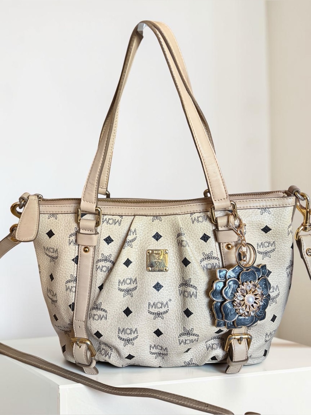 MCM Beige Monogram Shoulder Bag with Blue Floral Charm